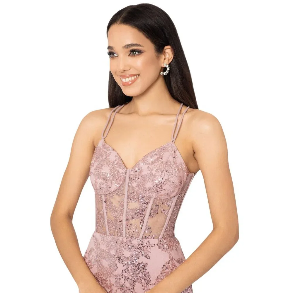 Blondie Nites Juniors Sequined Corset-Bodice Gown Dress 3960BN Rose Pink 7 - Picture 8 of 8
